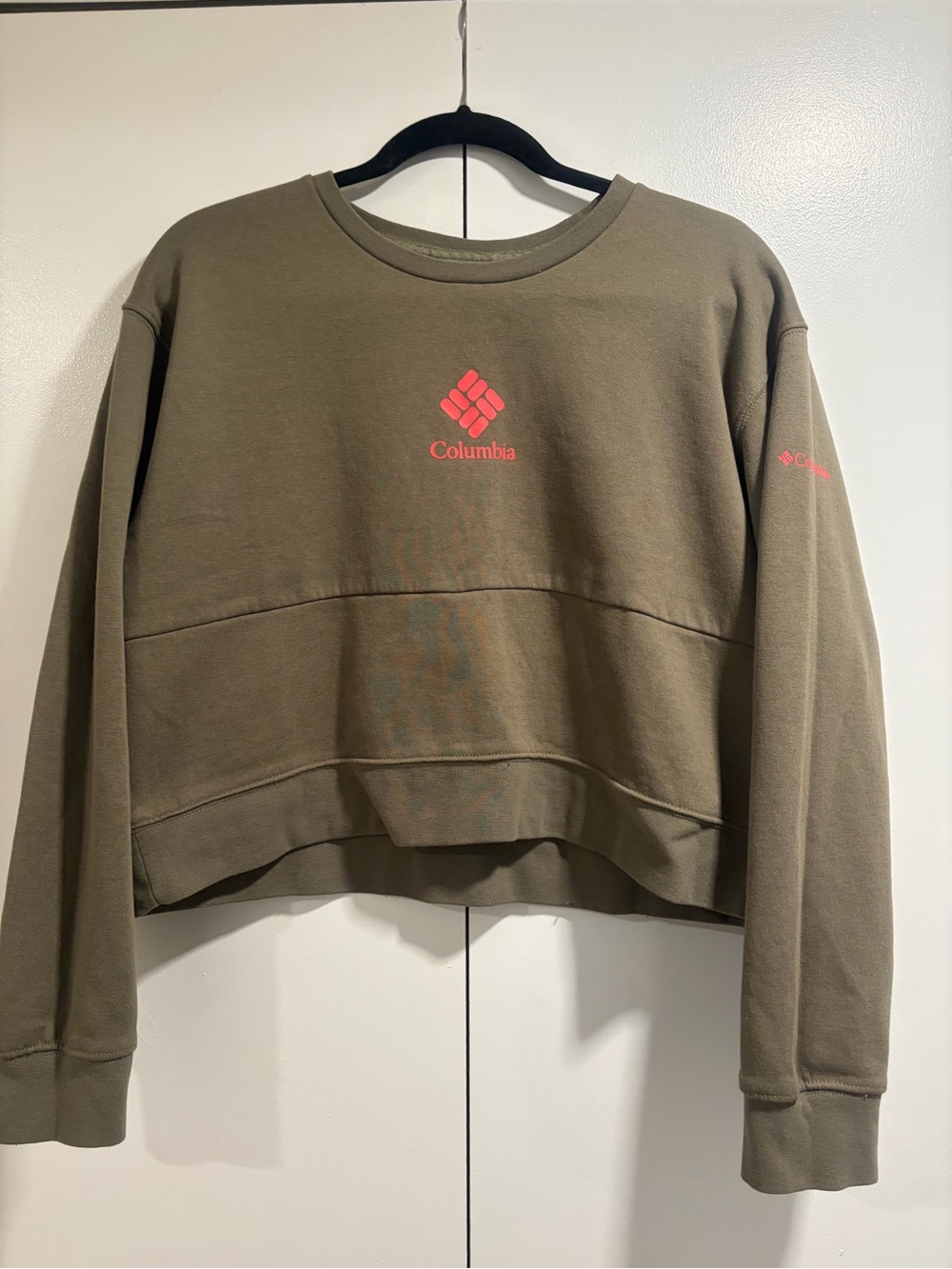 Columbia Olive Green Cropped Crew with Coral Logo